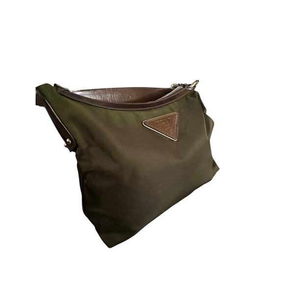Prada Women khaki Green Brown Leather Trim silver Nylon Hobo Shoulder Bag purse - Picture 4 of 16